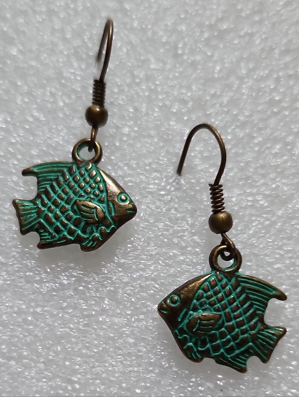 Hand Crafted Turquoise Green Patina Fish Dangle Earrings